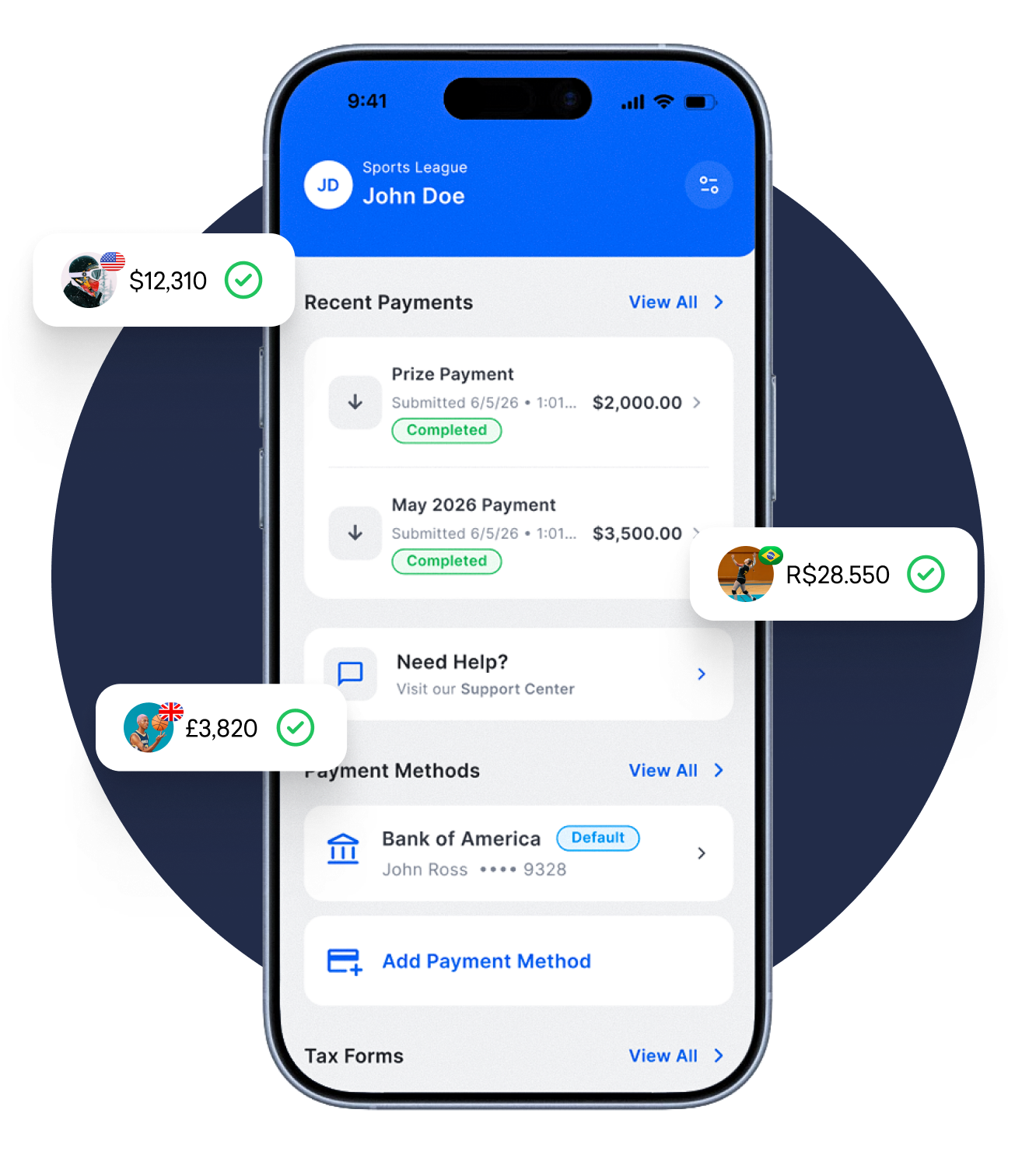 Payment Labs payee dashboard showing recent payments and payouts in multiple currencies